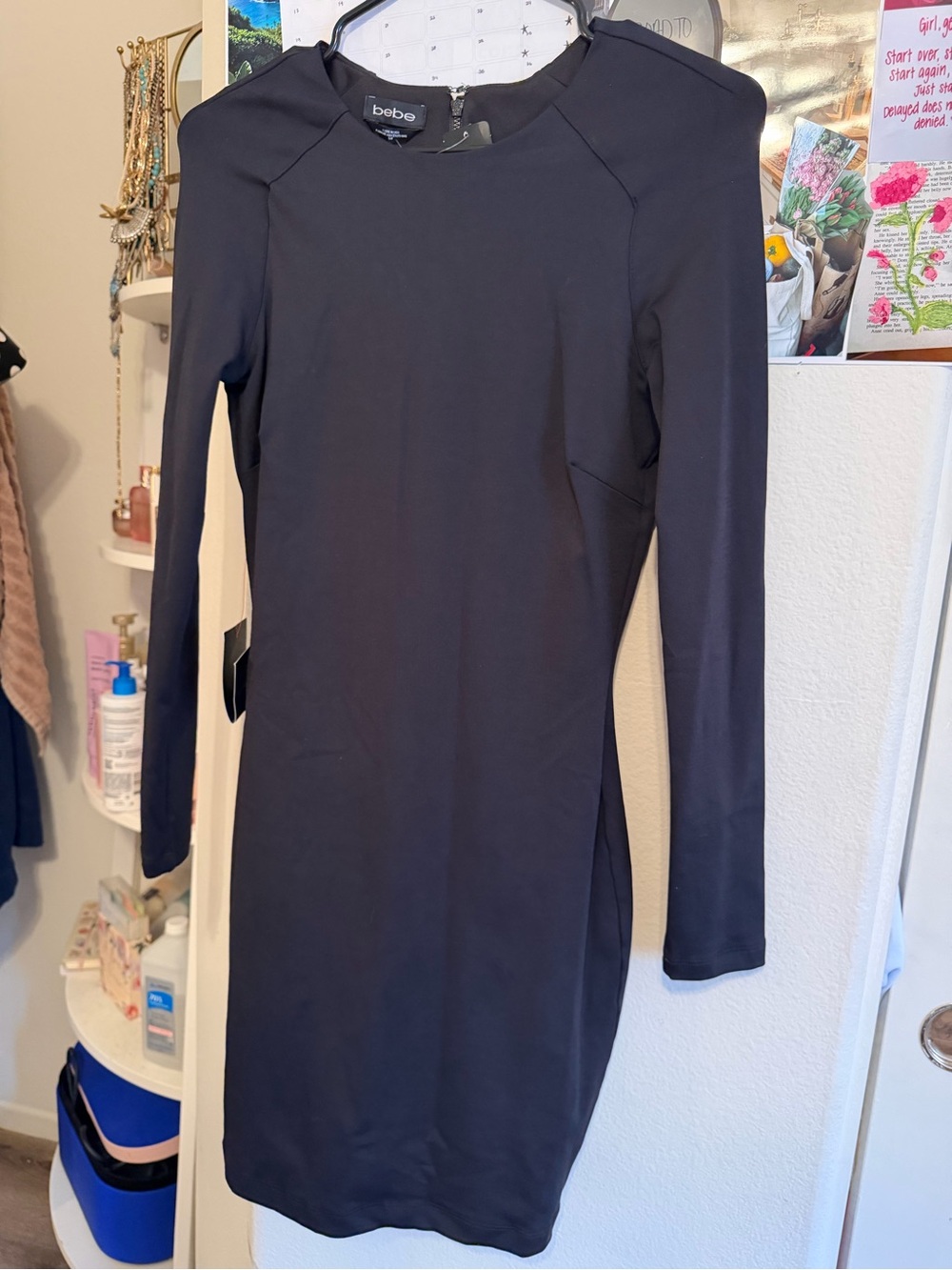 bebe Black Long-Sleeve Fitted Sheath Dress
